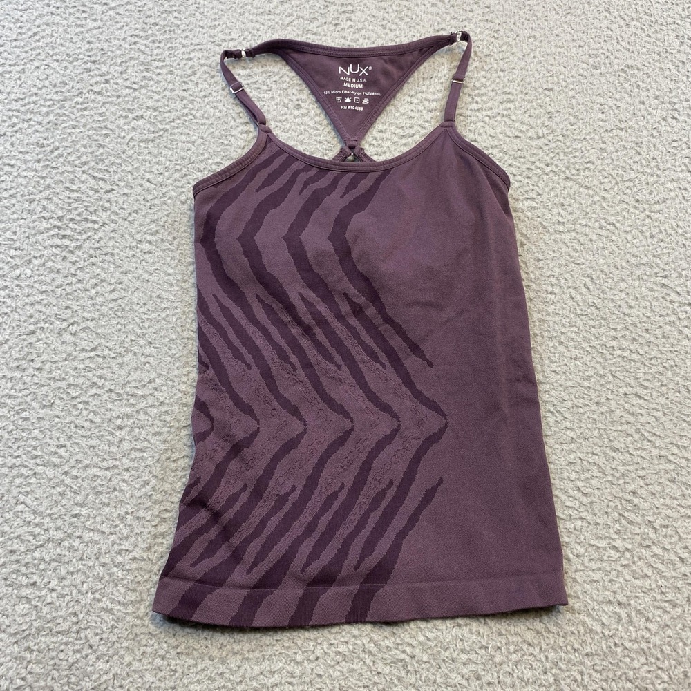 NUX Tank Top Womens Medium‎ Purple Zebra Racerback Built In Bra Made in USA